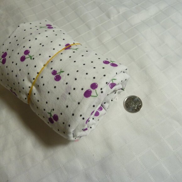 Fabric with purple cherry pattern green stems black dots white background - Picture 3 of 3